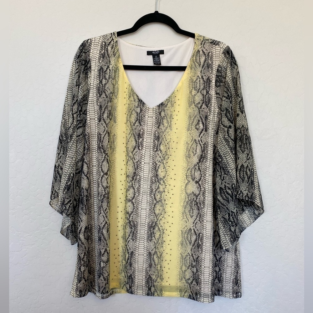 Alfani Snakeskin Pattern 3/4 Sleeve Blouse Yellow/Gray Size 1X